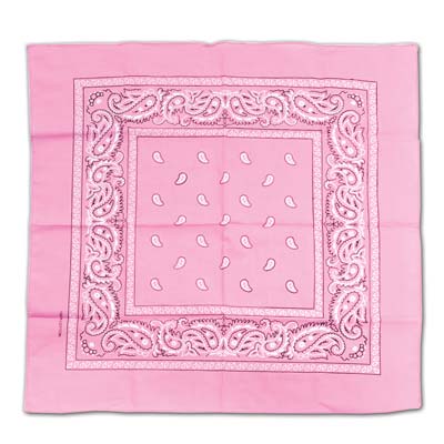 Traditional pink bandana with white print.