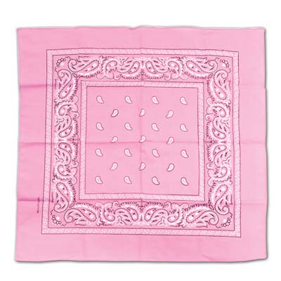 Traditional pink bandana with white print.