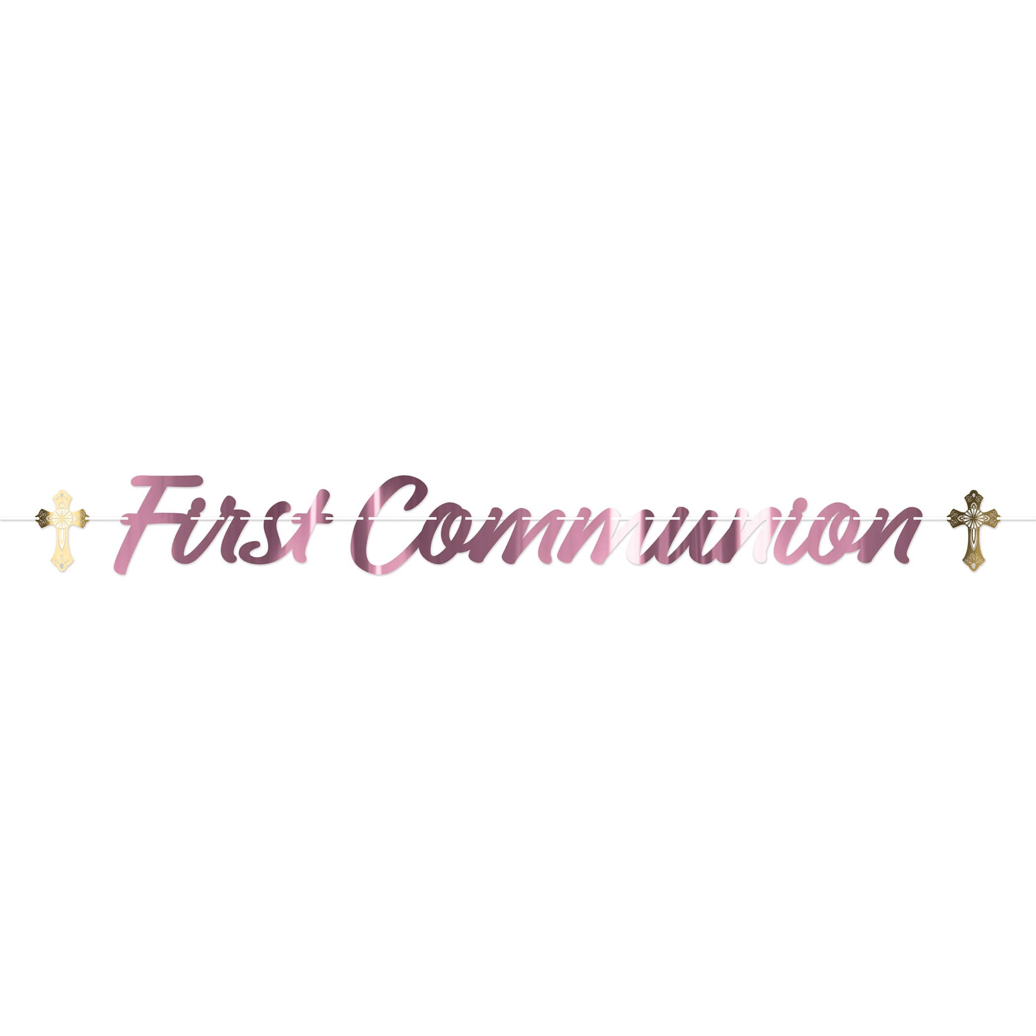 Pink Foil First Communion Streamer (Pack of 12) pink communion streamer, first communion décor, silver foil religious banner, gold cross decorations, pink religious decorations, communion party supplies