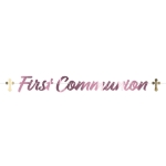 Pink Foil First Communion Streamer (Pack of 12) pink communion streamer, first communion décor, silver foil religious banner, gold cross decorations, pink religious decorations, communion party supplies