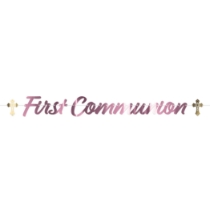 Pink Foil First Communion Streamer (Pack of 12) pink communion streamer, first communion décor, silver foil religious banner, gold cross decorations, pink religious decorations, communion party supplies