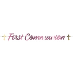 Pink Foil First Communion Streamer (Pack of 12) pink communion streamer, first communion décor, silver foil religious banner, gold cross decorations, pink religious decorations, communion party supplies