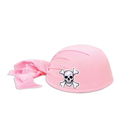 Pink pirate hat with white skull and bone printed on including a scarf attached. 