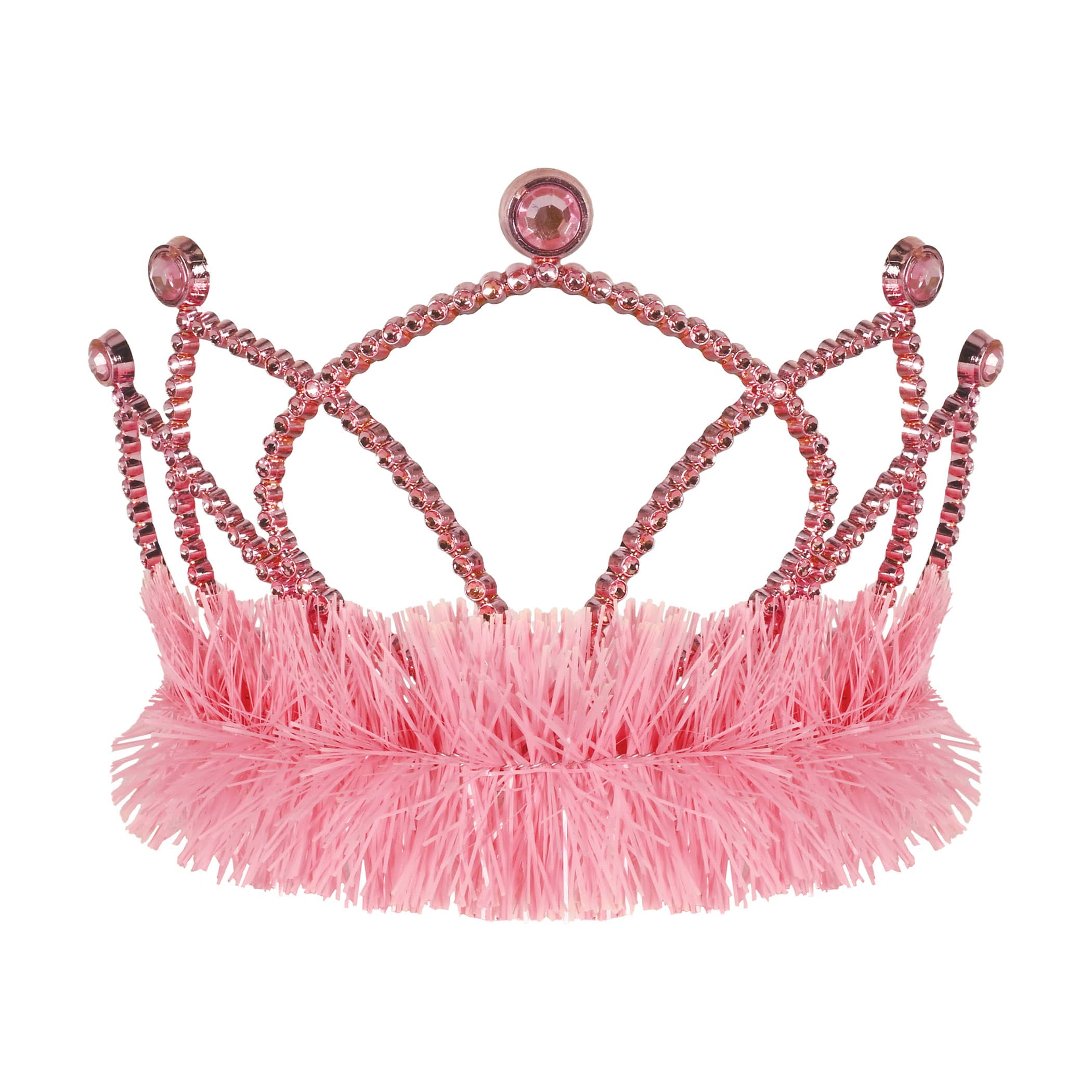 Pink Plastic Fringed Tiara (Pack of 12) pink plastic tiara, pink tiara party favors, tinsel fringe tiara, combs attached tiara, princess tiara, costume tiara, birthday tiara, kids party accessories, bulk tiaras, Party Express tiaras