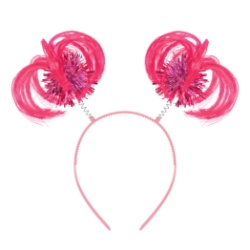 Pink Ponytail Boppers (Pack of 12) pink ponytail boppers, synthetic hair boppers, metallic fringe boppers, snap-on headband boppers, party headbands, spirit day accessories, cheer accessories, pink costume accessories, bulk party favors, Party Express boppers