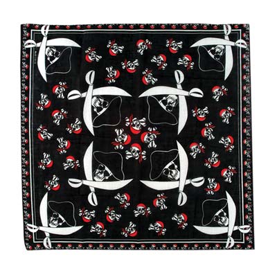 Pirate bandana printed on black fabric with swords and skulls.