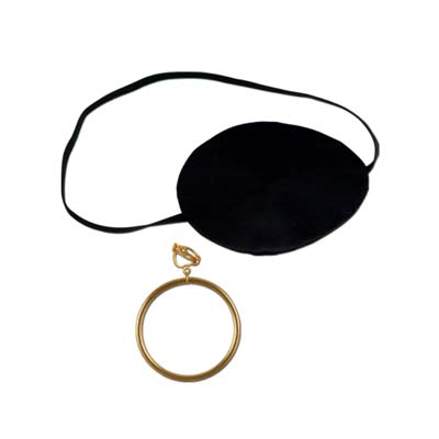 Black pirate eye patch with elastic band and plastic earring.