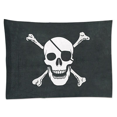 Black background flag of fabric material with printed white skull and bones.