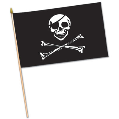 Fabric printed black material with a white skull and bones attached to a wooden stick.