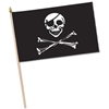 Fabric black material printed flag with a white skull and bones attached to a wooden stick.