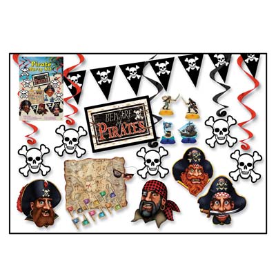 Pirate Party Kit includes whirls with skulls and bones attached, cutouts of pirates and items and a pennant banner.