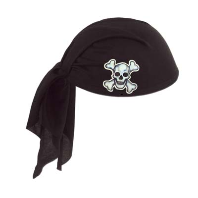 Black pirate hat with white skull and bone printed on including a scarf attached. 