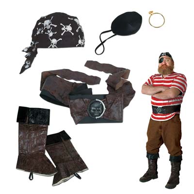Pirate set wearables of an eye patch, hat, boot covers and more. 