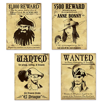 Pirate wanted signs printed in black on card stock material replicating old paper.