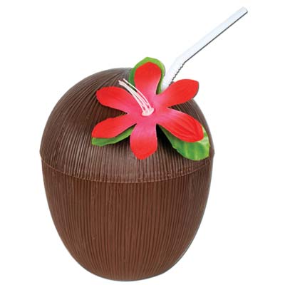 Plastic coconut cup with a red flower with leaves and a white straw.