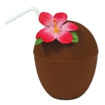 Plastic coconut cup with a red flower with leaves and a white straw.
