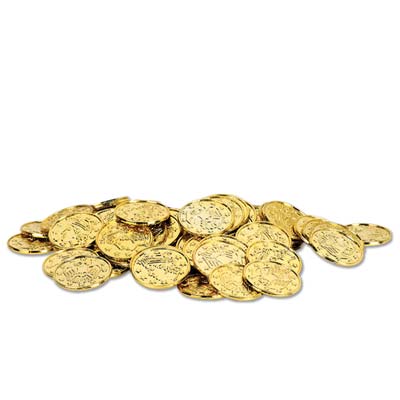 Plastic molded gold coins with embellishments.