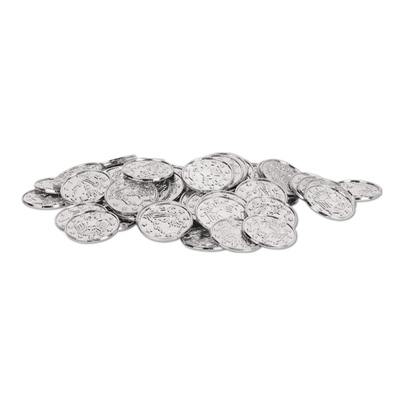 Plastic molded silver coins with embellishments.