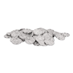 Plastic molded silver coins with embellishments.