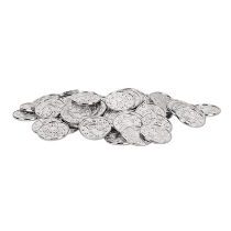 Plastic molded silver coins with embellishments.