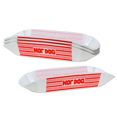 Plastic Hot Dog Holders with red and white stripes on the side including the words "Hot Dog".