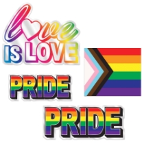 Plastic Pride Cutouts (Pack of 48) pride cutouts, plastic pride decorations, rainbow party décor, LGBTQ event supplies, one sided pride cutouts, indoor outdoor pride décor, 7 inch pride cutouts, 9½ inch pride decorations, Party Express pride décor