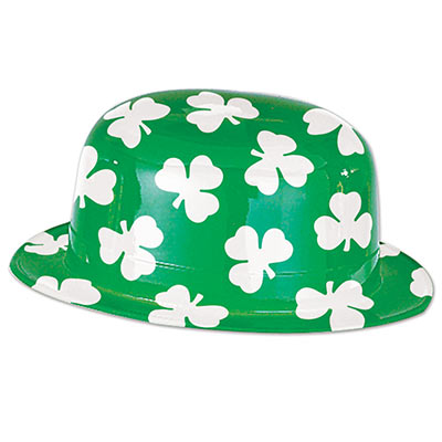 Plastic molded derby with white printed shamrocks.