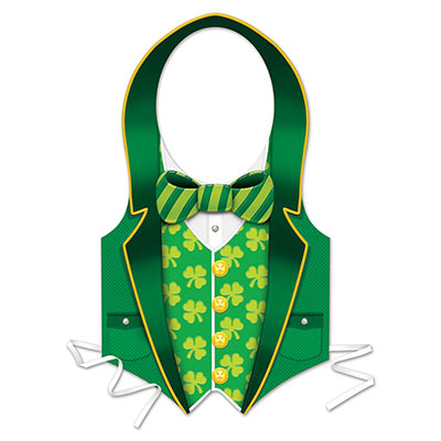 Green vest printed to replicate a suit with lime green shamrocks and striped tie.