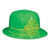 Green plastic molded derby with card stock band that has a shamrock in the front reading "Happy St. Patricks Day".