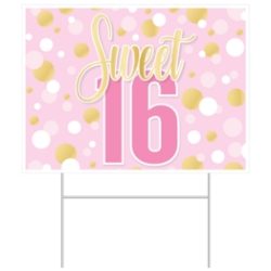 Plastic Sweet 16 Yard Sign (Pack of 6) sweet 16 yard sign, plastic birthday yard sign, sweet sixteen outdoor décor, gold pink white party decorations, all-weather yard sign, metal H stake sign, sweet 16 lawn décor, Party Express sweet 16 supplies