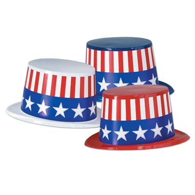 Patriotic Flag plastic party hats with red and white stripes and stars