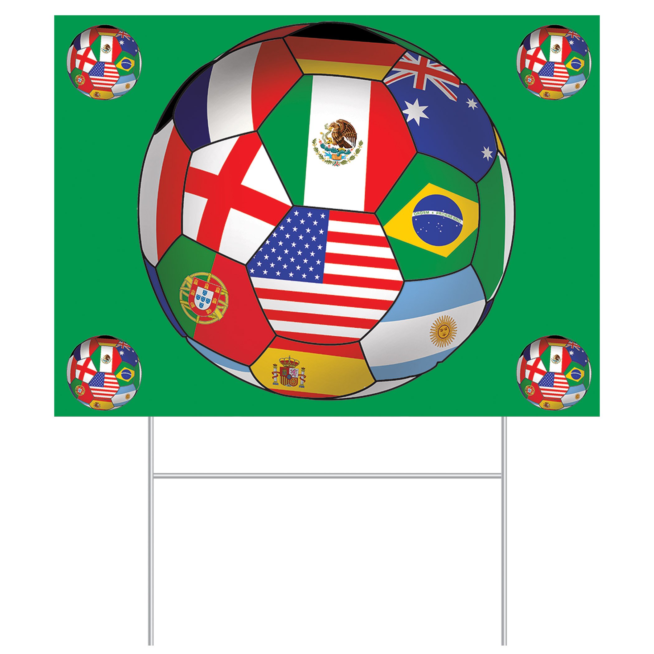 Plastic Soccer Yard Sign - International (Pack of 6) international yard sign, world flag decorations, global soccer sign, multicultural party décor, plastic yard sign international, all-weather party signs, outdoor international decorations, Party Express international yard sign, world flag soccer ball décor