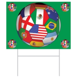 Plastic Soccer Yard Sign - International (Pack of 6) international yard sign, world flag decorations, global soccer sign, multicultural party décor, plastic yard sign international, all-weather party signs, outdoor international decorations, Party Express international yard sign, world flag soccer ball décor