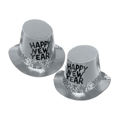 Silver card stock top hat with prismatic band and black "Happy New Year" printed on the front. 