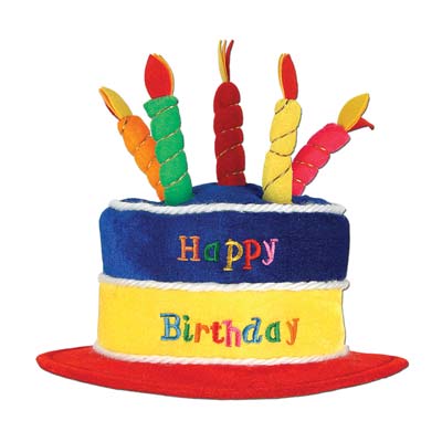 Plush birthday top hat with plush candles attached, multi-colors, and states "Happy Birthday".