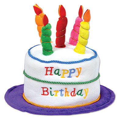 Plush Birthday White Cake Hat with colorful candles 