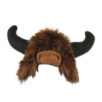Plush buffalo hat with faux material and horns.