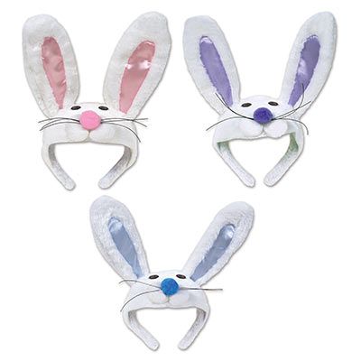 Plush headband with bunny faces and ears of pink, purple and blue.