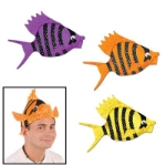 Fish hats made of plush material in colors of purple, orange and yellow.