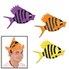 Fish hats made of plush material in colors of purple, orange and yellow.