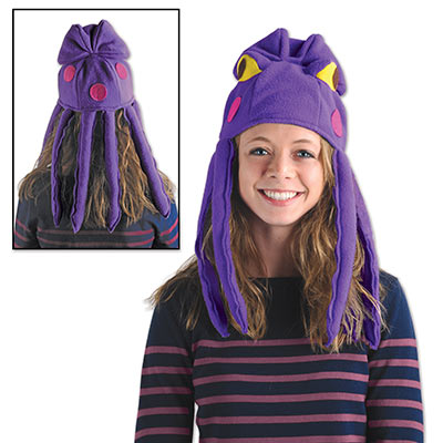 Plush purple octopus hat.