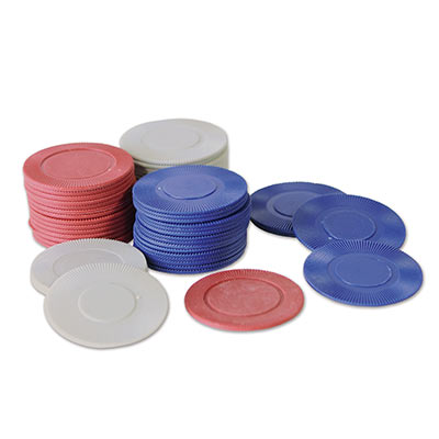 Poker Chips made of plastic material in blue, red and white in color.