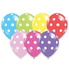 Assorted colored balloons made of latex material with white imprinted dots.