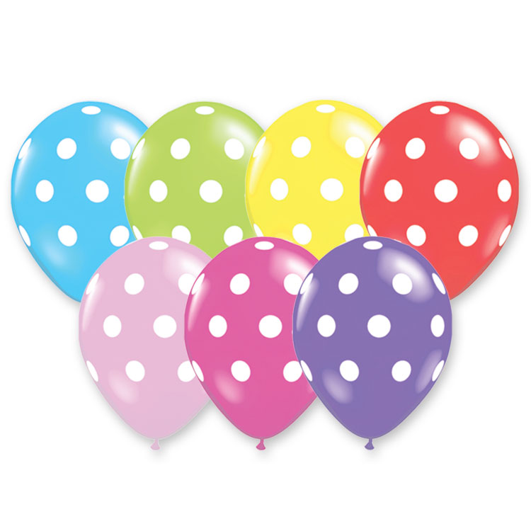 Assorted colored balloons made of latex material with white imprinted dots.