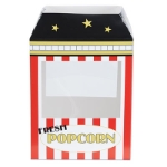 Card stock centerpiece printed to replicate a popcorn machine.