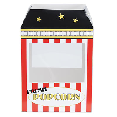 Card stock centerpiece printed to replicate a popcorn machine.