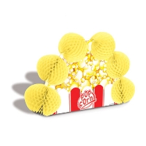 Card stock centerpiece displaying a carnival like print and tissue material balls surrounded it.