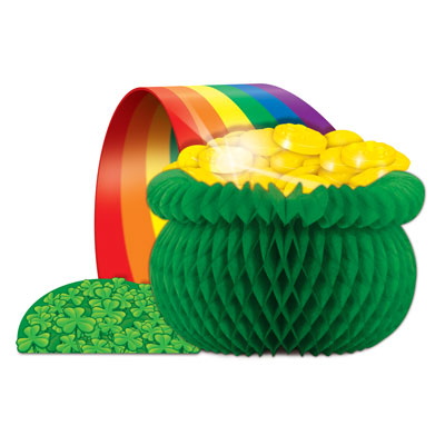Tissue material pot with gold and rainbow flowing out into shamrock field centerpiece.