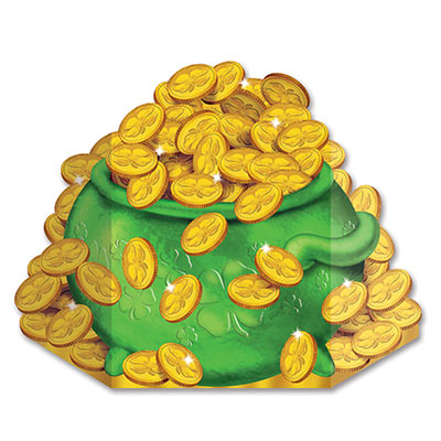Over three feet tall stand up with a green pot and overflowing coins displaying shamrocks.