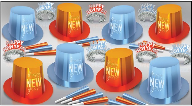 Powder Blue & Tangerine Asst For 50 Powder Blue Tangerine Assortment for 50, New Years Eve party kit, NYE party supplies, party assortment for 50 guests, powder blue party decorations, tangerine New Year accessories, bulk New Years Eve favors, countdown party supplies, corporate New Years celebration kit, hotel party accessories, restaurant New Years Eve supplies, festive holiday decorations, group party favors, Party Express